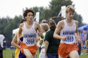 EmKing13 Juniors Sterling Spencer and Aaron Thornburg race to the finish line at JCCC on Sept. 5th.